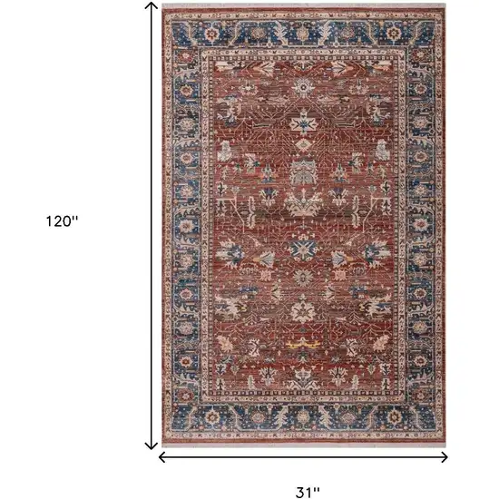 Red Beige And Blue Oriental Runner Rug With Fringe Photo 7