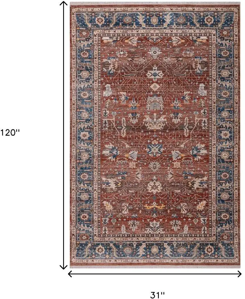 Red Beige And Blue Oriental Runner Rug With Fringe Photo 7