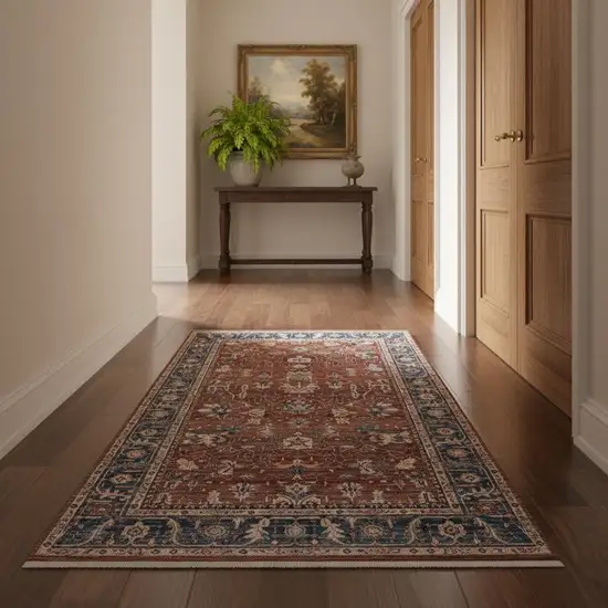 Red Beige And Blue Oriental Runner Rug With Fringe Photo 1