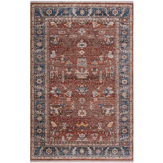 Red Beige And Blue Oriental Runner Rug With Fringe Photo 5