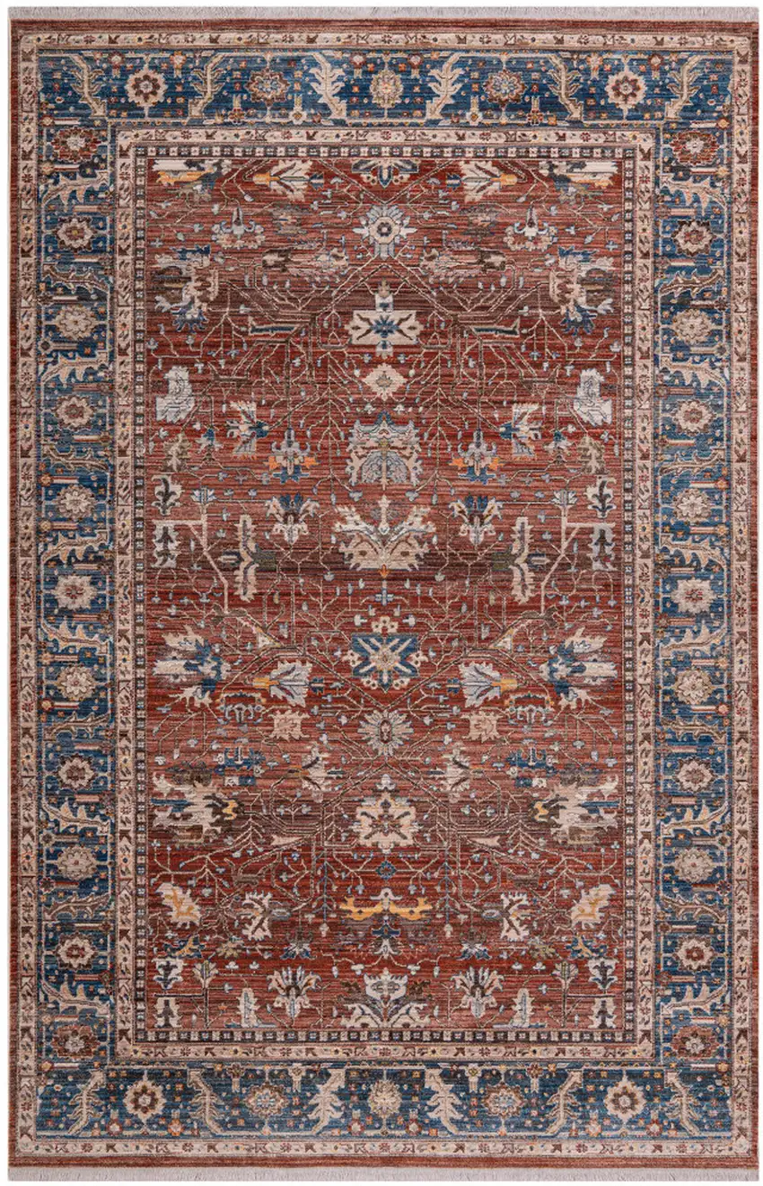 Red Beige And Blue Oriental Runner Rug With Fringe Photo 5