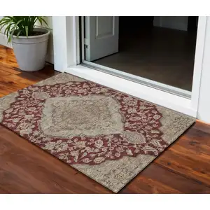 Photo of Red Beige And Brown Oriental Washable Indoor Outdoor Area Rug