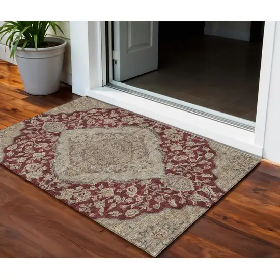 Red Beige And Brown Oriental Washable Indoor Outdoor Area Rug Photo 1