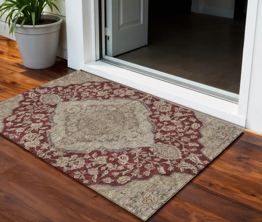 Red Beige And Brown Oriental Washable Indoor Outdoor Area Rug Photo 1