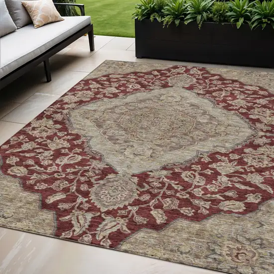 Red Beige And Brown Oriental Washable Indoor Outdoor Area Rug Photo 1