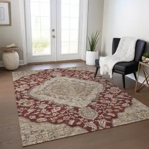 Photo of Red Beige And Brown Oriental Washable Indoor Outdoor Area Rug