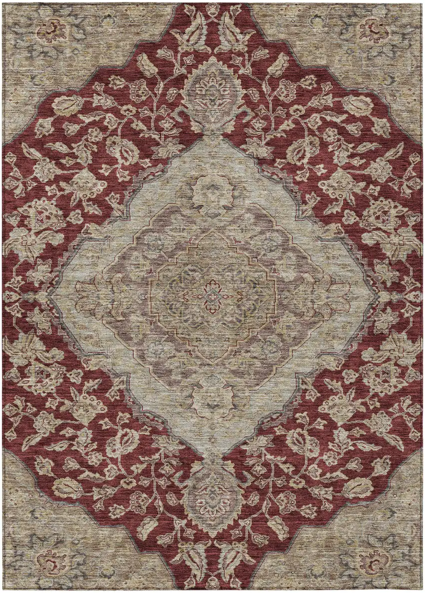 Red Beige And Brown Oriental Washable Indoor Outdoor Area Rug Photo 2