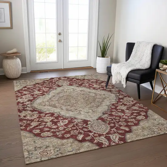 Red Beige And Brown Oriental Washable Indoor Outdoor Area Rug Photo 9