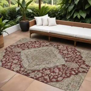 Photo of Red Beige And Brown Oriental Washable Indoor Outdoor Area Rug