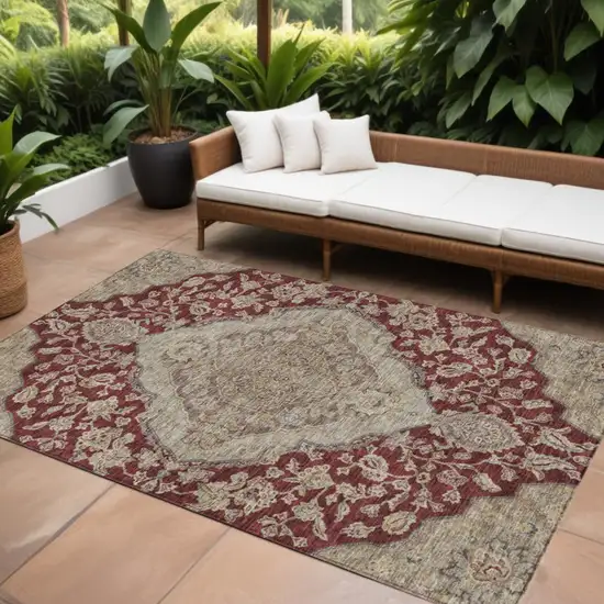 Red Beige And Brown Oriental Washable Indoor Outdoor Area Rug Photo 1
