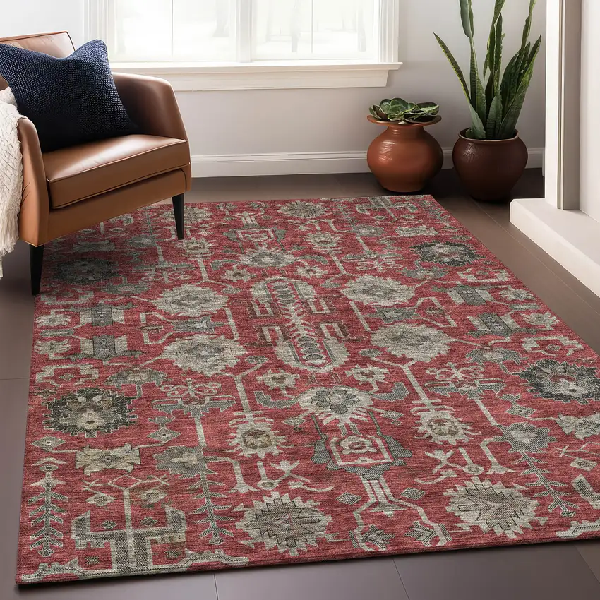Red Beige And Charcoal Oriental Washable Area Rug With UV Protection Photo 5