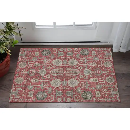 Red Beige And Charcoal Oriental Washable Area Rug With UV Protection Photo 2