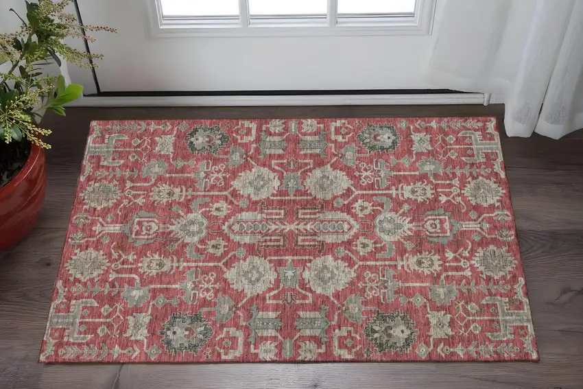 Red Beige And Charcoal Oriental Washable Area Rug With UV Protection Photo 2