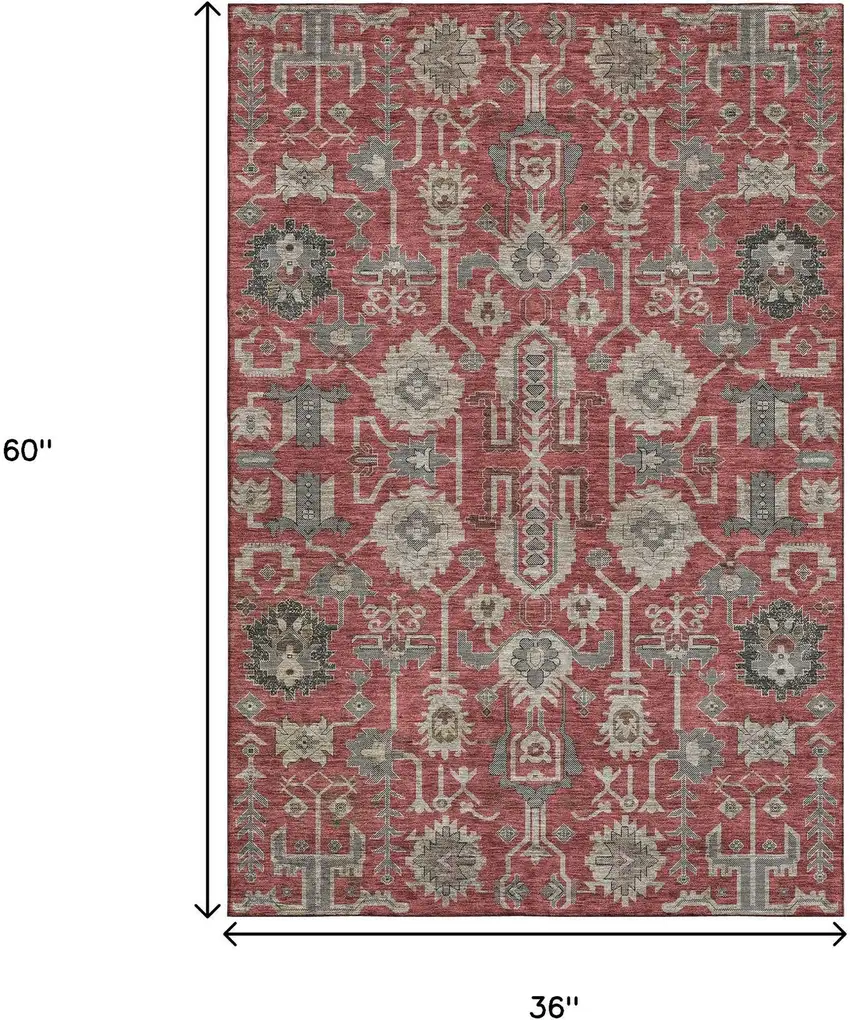 Red Beige And Charcoal Oriental Washable Area Rug With UV Protection Photo 6