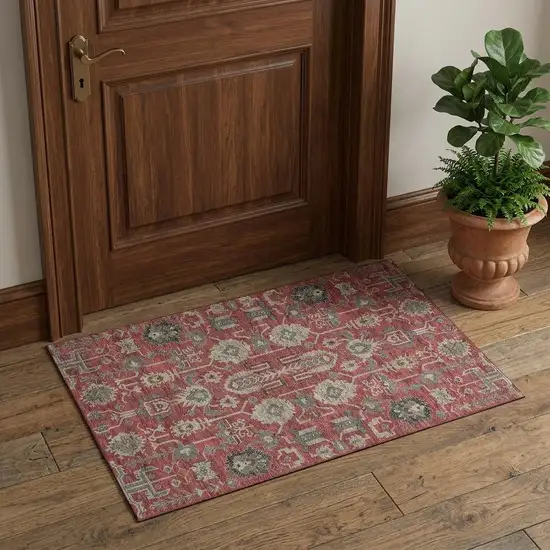 Red Beige And Charcoal Oriental Washable Area Rug With UV Protection Photo 1