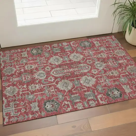 Red Beige And Charcoal Oriental Washable Area Rug With UV Protection Photo 1