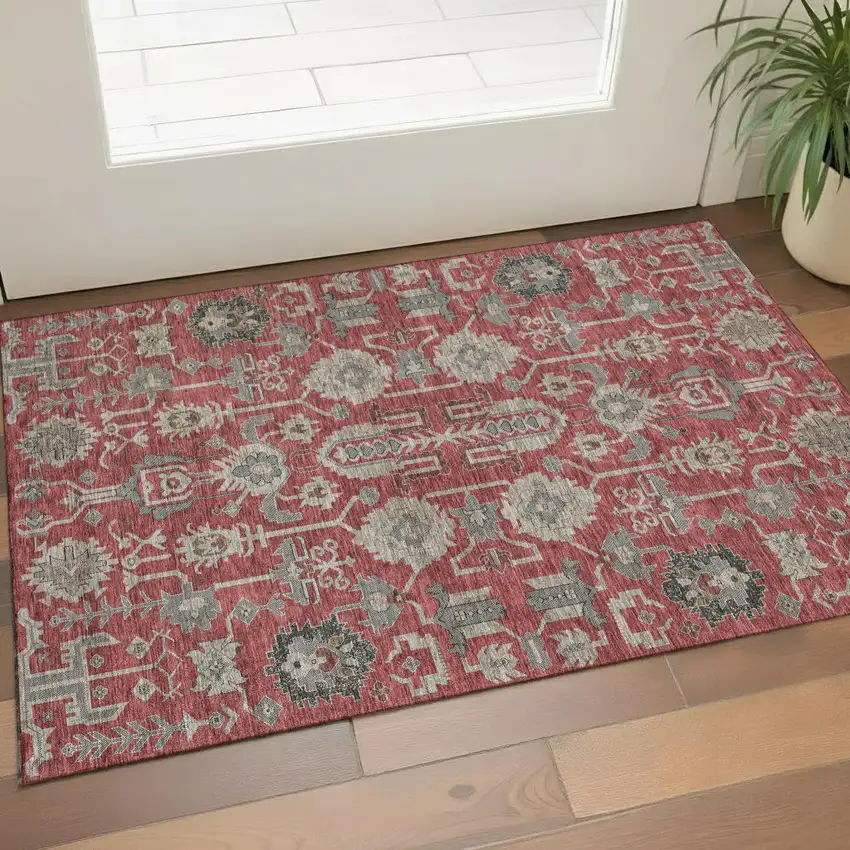 Red Beige And Charcoal Oriental Washable Area Rug With UV Protection Photo 1