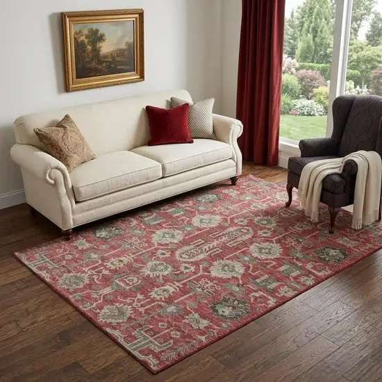 Red Beige And Charcoal Oriental Washable Area Rug With UV Protection Photo 1