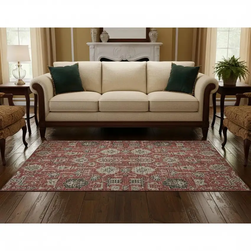 Red Beige And Charcoal Oriental Washable Area Rug With UV Protection Photo 2