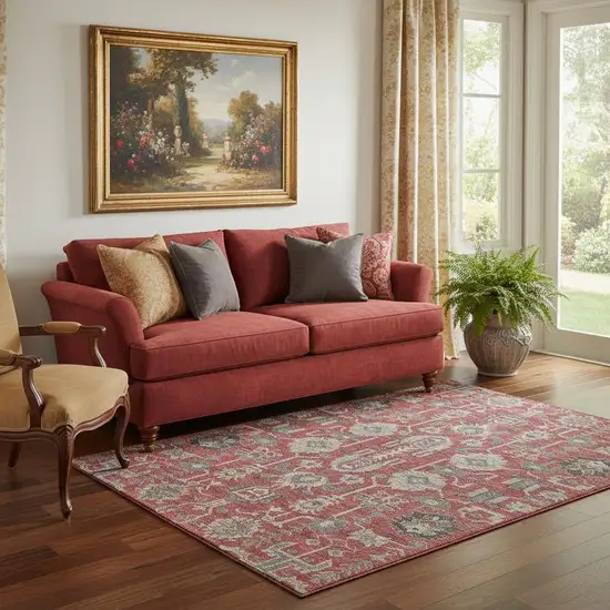 Red Beige And Charcoal Oriental Washable Area Rug With UV Protection Photo 1