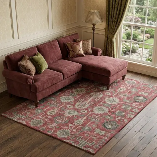 Red Beige And Charcoal Oriental Washable Area Rug With UV Protection Photo 1