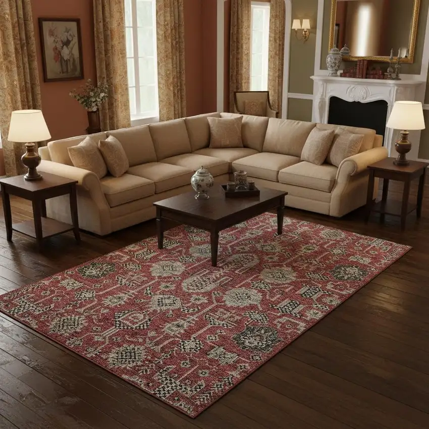 Red Beige And Charcoal Oriental Washable Area Rug With UV Protection Photo 1