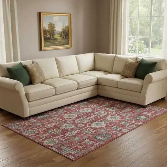 Red Beige And Charcoal Oriental Washable Area Rug With UV Protection Photo 1