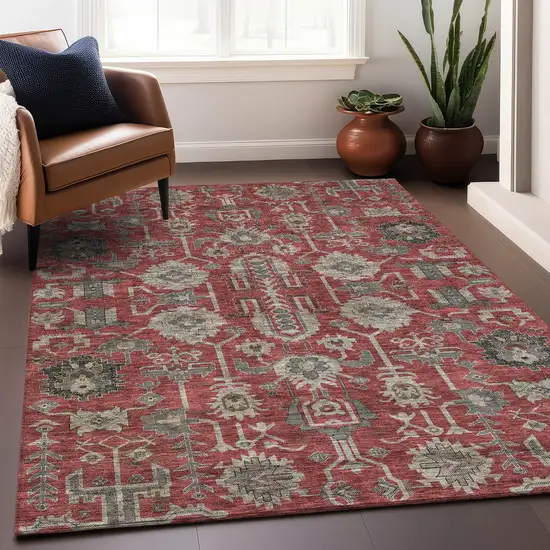 Red Beige And Charcoal Oriental Washable Area Rug With UV Protection Photo 4