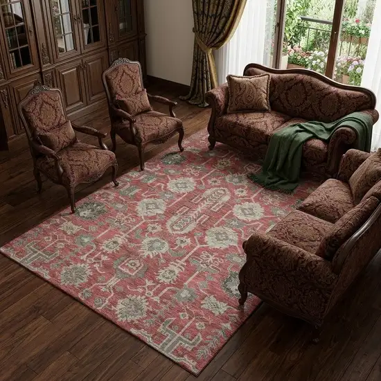 Red Beige And Charcoal Oriental Washable Area Rug With UV Protection Photo 1