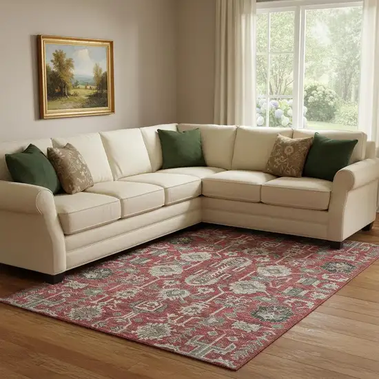 Red Beige And Charcoal Oriental Washable Area Rug With UV Protection Photo 1