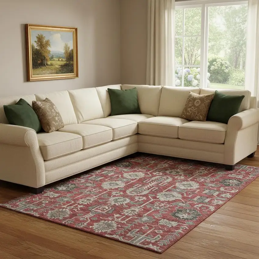 Red Beige And Charcoal Oriental Washable Area Rug With UV Protection Photo 1