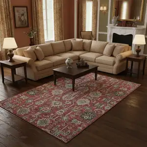 Photo of Red Beige And Charcoal Oriental Washable Area Rug With UV Protection