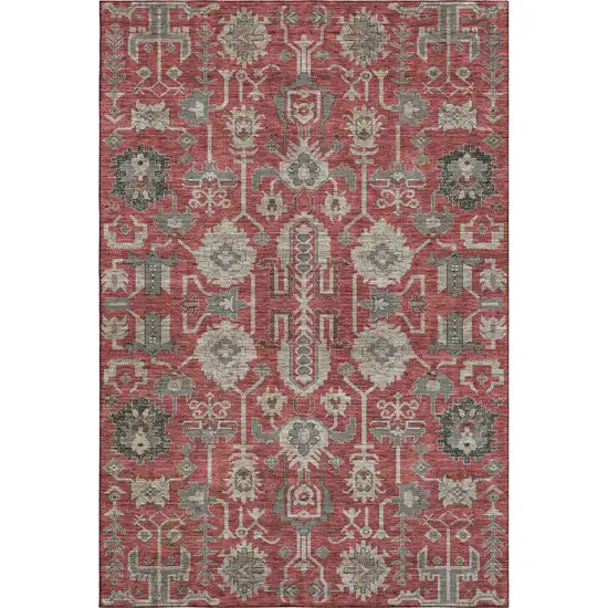 Red Beige And Charcoal Oriental Washable Area Rug With UV Protection Photo 2