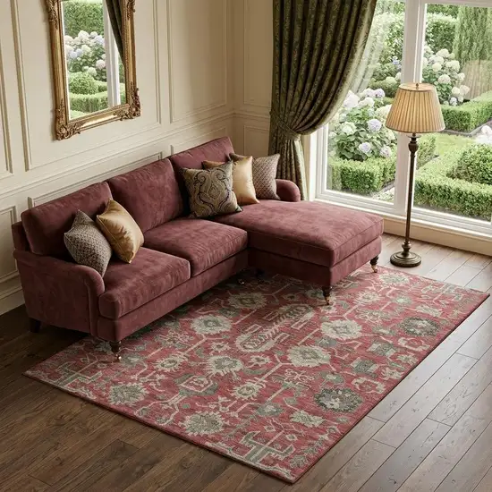 Red Beige And Charcoal Oriental Washable Area Rug With UV Protection Photo 1