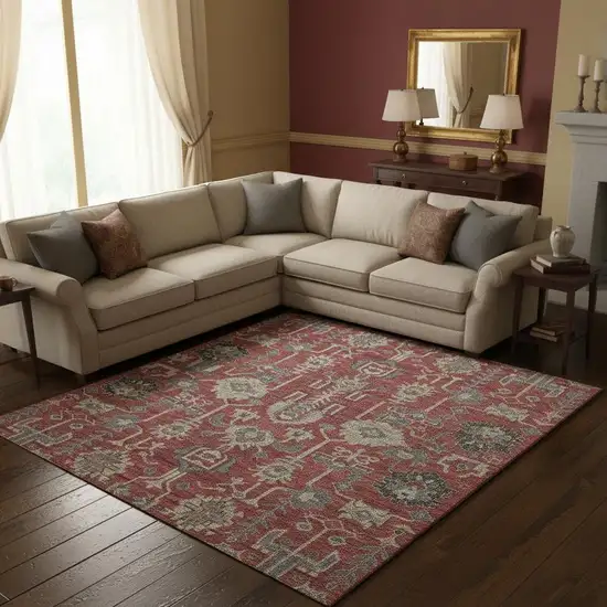 Red Beige And Charcoal Oriental Washable Area Rug With UV Protection Photo 5