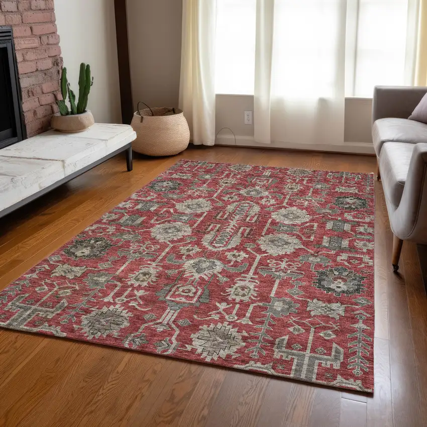 Red Beige And Charcoal Oriental Washable Indoor Outdoor Area Rug Photo 9