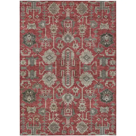 Red Beige And Charcoal Oriental Washable Indoor Outdoor Area Rug Photo 1