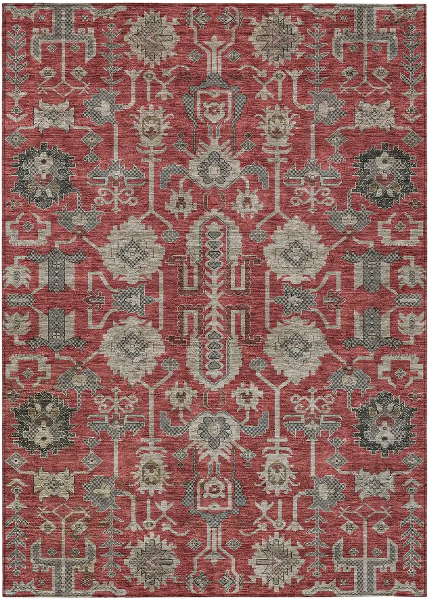 Red Beige And Charcoal Oriental Washable Indoor Outdoor Area Rug Photo 1