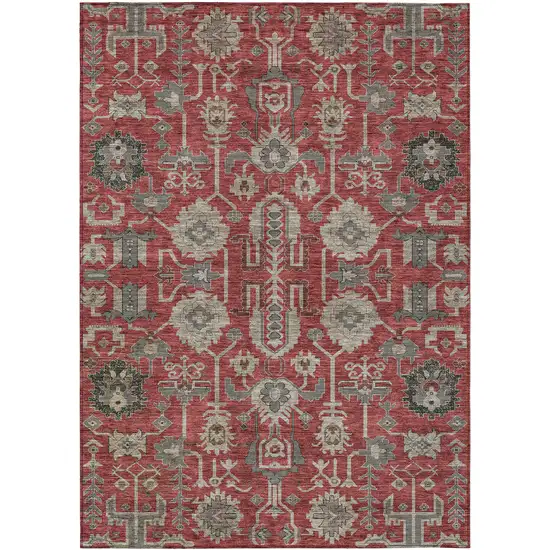 Red Beige And Charcoal Oriental Washable Indoor Outdoor Area Rug Photo 1