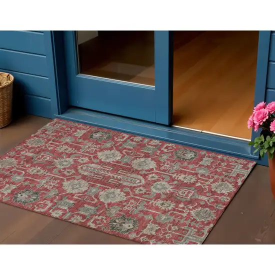 Red Beige And Charcoal Oriental Washable Indoor Outdoor Area Rug Photo 1