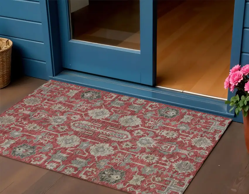 Red Beige And Charcoal Oriental Washable Indoor Outdoor Area Rug Photo 1