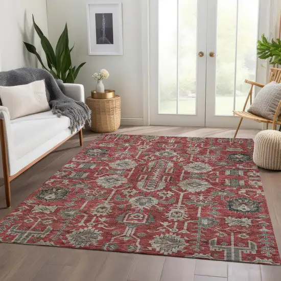 Red Beige And Charcoal Oriental Washable Indoor Outdoor Area Rug Photo 8