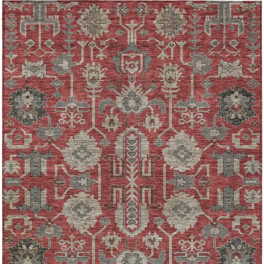 Red Beige And Charcoal Oriental Washable Indoor Outdoor Area Rug Photo 6