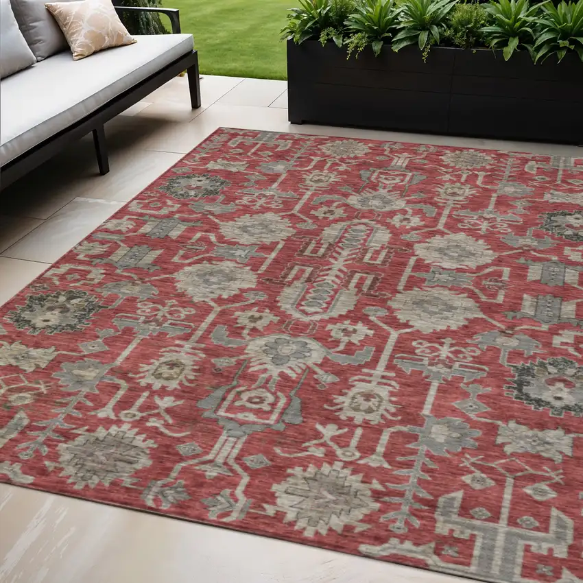 Red Beige And Charcoal Oriental Washable Indoor Outdoor Area Rug Photo 1
