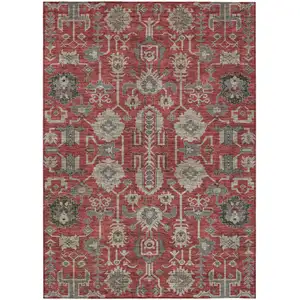 Photo of Red Beige And Charcoal Oriental Washable Indoor Outdoor Area Rug