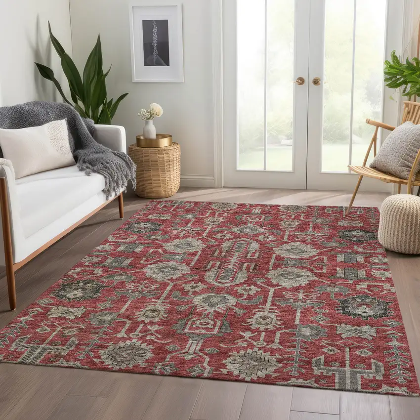 Red Beige And Charcoal Oriental Washable Indoor Outdoor Area Rug Photo 8