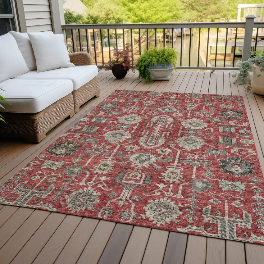 Red Beige And Charcoal Oriental Washable Indoor Outdoor Area Rug Photo 8