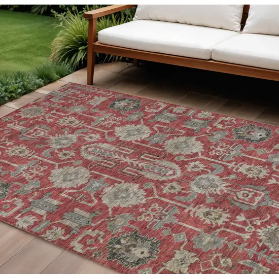 Red Beige And Charcoal Oriental Washable Indoor Outdoor Area Rug Photo 1