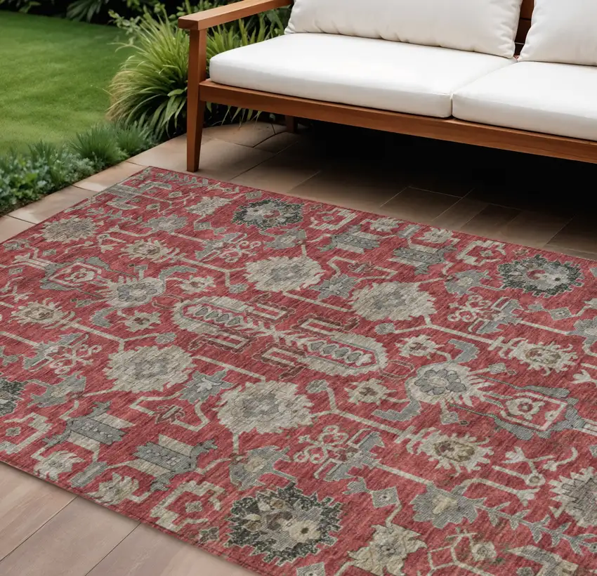 Red Beige And Charcoal Oriental Washable Indoor Outdoor Area Rug Photo 1