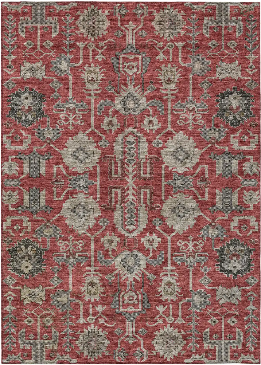 Red Beige And Charcoal Oriental Washable Indoor Outdoor Area Rug Photo 1